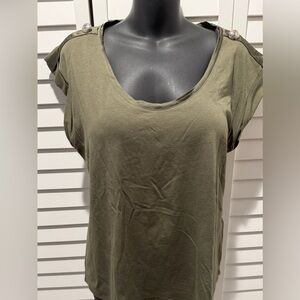 White House Black Market olive green tee with decorative buttons